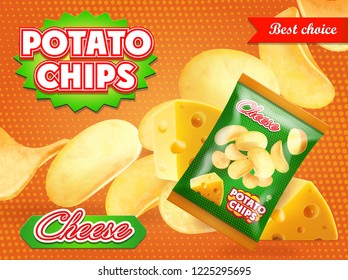 Potato chips advertisement cheese flavor realistic design