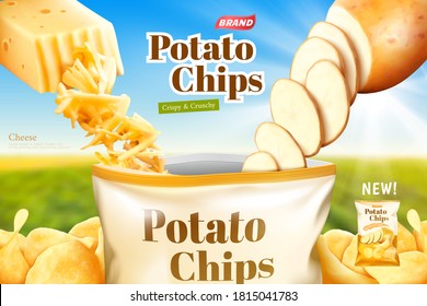 Potato chips advertisement, cheese flavor in 3d illustration, cheese and fresh potato chips going in to a foil bags