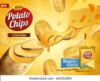 potato chips advertisement, double cheese flavor 3d illustration