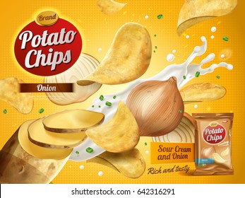 potato chips advertisement, onion cream flavor 3d illustration