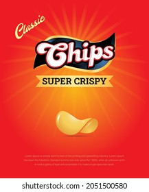 Potato chips advertisement Pack, classic and super crispy flavor. Potato chips advertising with realistic image of crisps natural and pack shot with crunchy slice text vector illustration.