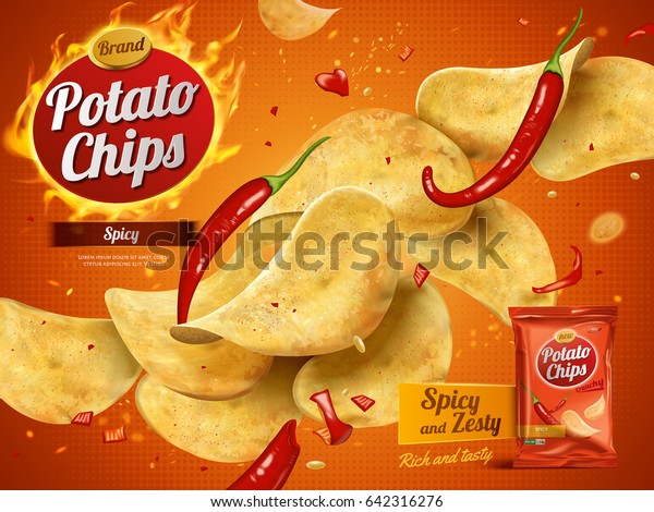 Potato Chips Werbung Gewurzter Geschmack 3d Illustration Stock Vektorgrafik Lizenzfrei