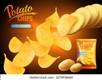 Potato chips advertising composition with realistic images of crisps natural potatoes and pack shot with text vector illustration