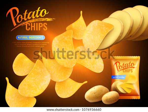 Potato chips advertising composition with\
realistic images of crisps natural potatoes and pack shot with text\
vector illustration