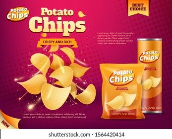 Potato Chips Advertising Of Snack Food Vector Design. Realistic Packages Of Crisps, Foil Bag And Paper Tube Box With Crunchy Slices Of Deep Fried Potato Vegetable, Spices And Salt, Junk Food Promotion