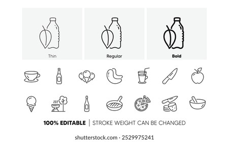 Potato chips, Apple and Water bottle line icons. Pack of Pizza, Ice creams, Knife icon. Ice cream, Cashew nut, Champagne pictogram. Cocktail, Espresso, Beer. Grill pan, Grill, Cooking mix. Vector