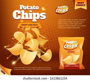 Potato chips bag, vector design of snack food advertising poster. Crunchy and salty slices of deep fried potato with foil package, decorated with sparkles, crumbs and spices