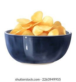 Potato Chips in a Black Bowl Detailed Hand Drawn Painting Illustration