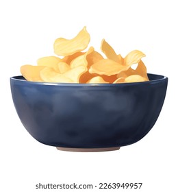 Potato Chips in a Black Bowl Detailed Hand Drawn Painting Illustration