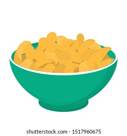 Potato chips in a bowl. Crisp snack, delicious meal full of fat. Isolated vector illustration in cartoon style