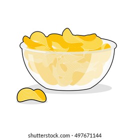 Potato Chips in bowl. Fried potatoes in deep transparent plate. delicious yellow snack
