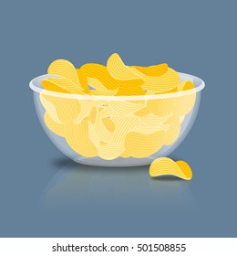 Potato Chips in bowl. Fried potatoes in deep transparent plate. delicious yellow snack