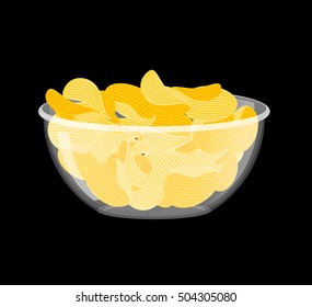 Potato Chips in bowl. Fried potatoes in deep transparent plate. delicious yellow snack
