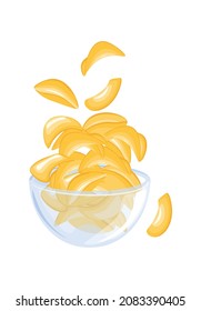 Potato chips in bowl. Heap slices fried baked potatoes, cartoon vector illustration isolated on white background