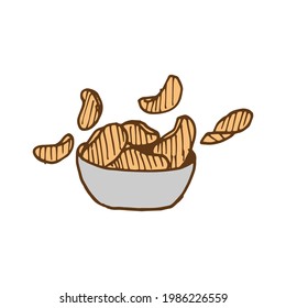 Potato Chips In The Bowl Illustration On White Background. Hand Drawn Vector. Fast Food Icon. Salty Flavor. Snack Time. Doodle Art For Logo, Label, Poster, Branding, Advertising, Cover, Clipart. 