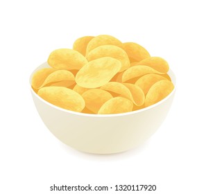 Potato Chips In A Bowl Isolated On White. Vector Illustration