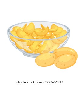 Potato chips in bowl with raw root vegetables. Cooked potatoes.