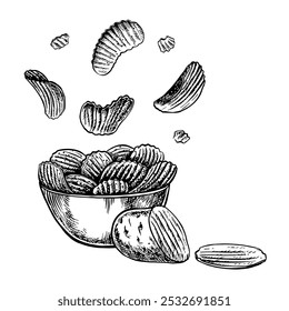 Batatas fritas em uma tigela. Gráficos vetoriais representando chips com uma superfície ondulada caindo em uma tigela. Ilustração desenhada à mão em preto e branco. Em um fundo branco. Ótimo para etiquetas, banners, cartazes