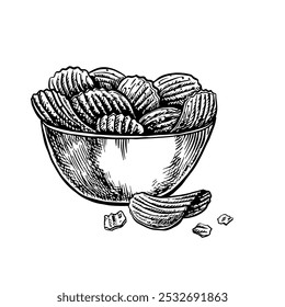 Batatas fritas em uma tigela. Gráficos vetoriais com a imagem de chips canelados. Ilustração desenhada à mão em preto e branco. Em um fundo branco. Ótimo para etiquetas, banners, cartazes.