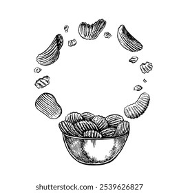 Patatas fritas en un tazón. Gráficos de Vector que representan chips con una superficie corrugada que cae en un tazón en forma de marco redondo. Ilustración dibujada a mano en blanco y negro. Sobre un fondo blanco.