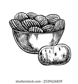 Potato chips in a bowl. Vector graphics with the image of fluted chips and potato tuber. Black and white hand-drawn illustration. On a white background. Great for labels, posters, flyers and banners.