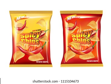 Potato chips burning on fire packaging isolated, Chips with red hot chillies flavor design elements, Vector realistic 3d illustration, of free space for your copy and branding. Food concept.