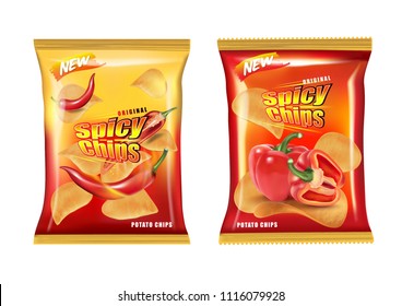 Potato chips burning on fire packaging isolated, Chips with chillies and bell peppers flavor design elements, Vector realistic 3d illustration, of free space for your copy and branding. Food concept.