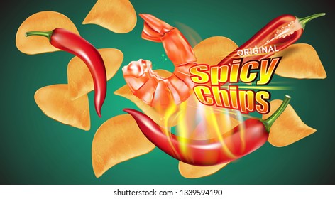 Potato chips burning on fire ads, Chips with chillies and shrimp flavor design elements, Vector realistic 3d illustration, of free space for your copy and branding. Food concept.