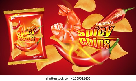 Potato chips burning and packaging on fire ads, Chips with chilies flavor design elements, Vector realistic 3d illustration, of free space for your copy and branding. Food concept.