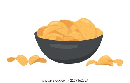 Potato chips in ceramic clay bowl for fast food menu. Fried slices potato for packaging design. Vector stock illustration isolated on white background. EPS10