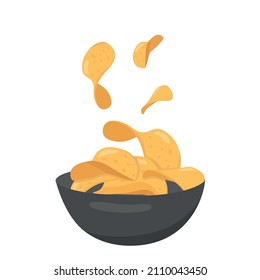 Potato chips in ceramic clay bowl for fast food menu. Fried slices potato for packaging design. Vector stock illustration isolated on white background. EPS10