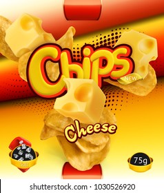 Potato chips. Cheese flavor. Design packaging, 3d vector template