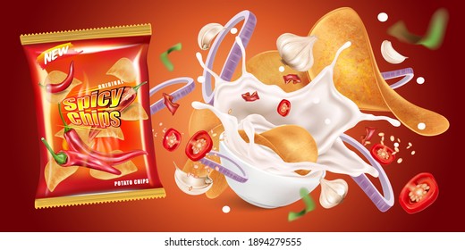 Potato chips with chili splashing and Mayonnaise sauce elements isolated on black background, Vector realistic in 3D illustration.