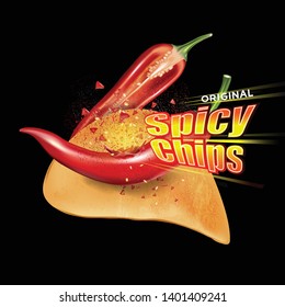 Potato chips with chilies flavor design elements, Vector realistic 3d illustration, of free space for your copy and branding. Food concept.