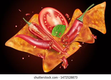 Potato chips with chilies flavor design elements, Vector realistic 3d illustration, of free space for your copy and branding. Food concept.