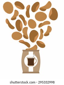 Potato chips coffee taste. Special chips for morning. Packaging, bag of chip on a white background. snack flying out from Pack. Unusual Delicacy. Food vector illustration.
