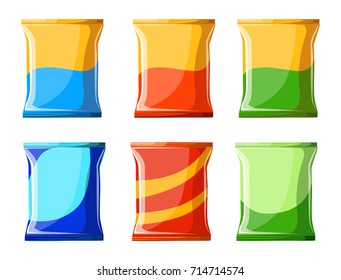 Potato chips collection Vector illustration chips Unhealthy food illustration Ready for chips pack bag package background Flat Design Style Fresh cartoon different Web site page and mobile app design.