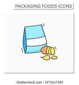 Potato chips color icon. Different types of chips in box. Portion control, protection, tampering resistance from bacteria. Packing food concept. Isolated vector illustration