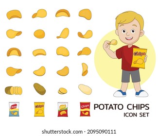 Potato chips concept flat icons. 