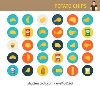 Potato chips concept flat icons. 