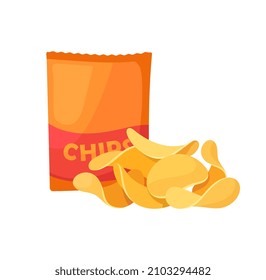 Potato chips concept. Large package with fried crispy vegetable slices for snacks. Fast or harmful food. Design element for advertising. Cartoon flat vector illustration isolated on white background