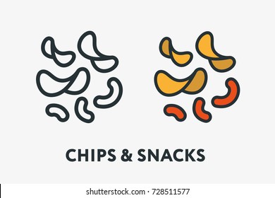 Potato Chips and Corn Snacks Fast Food Minimal Flat Line Outline Colorful and Stroke Icon Pictogram