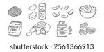 Potato chips doodle hand drawn icon set. Outline drawing crispy snack line clipart symbol. Vector illustration