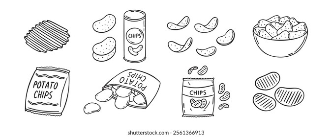 Potato chips doodle hand drawn icon set. Outline drawing crispy snack line clipart symbol. Vector illustration