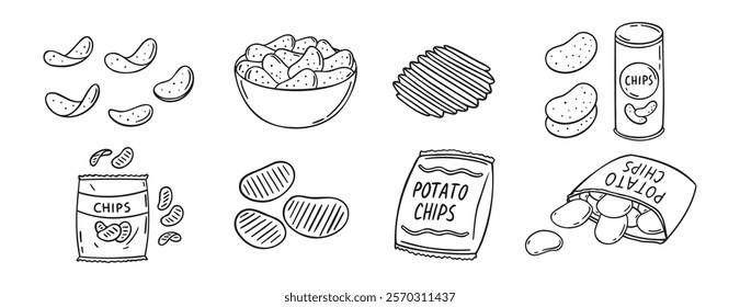 Potato chips doodle hand drawn icon set. Outline drawing crispy snack line clipart symbol. Vector illustration