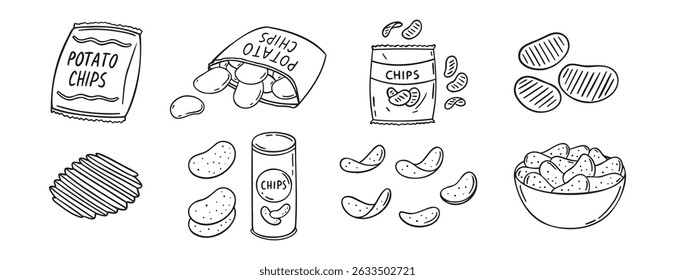 Batatas fritas doodle desenhado à mão ícone set. Desenho de contorno crocante snack linha clipart símbolo. Ilustração vetorial