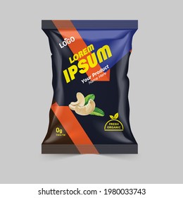 Potato chips and dry fruits package design, foil bags isolated on white background in 3d illustration