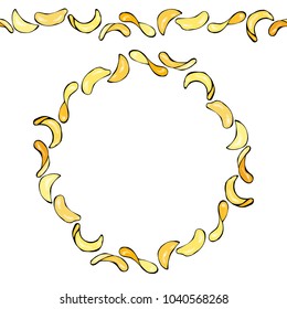 Potato Chips Endless Pattern Brush, Round Garland. Snacks Junk Food Wreath or Circle Frame. Hand Drawn Vector Illustration. Savoyar Doodle Style.