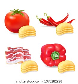 Potato chips with flavor pepper, paprika, tomato and bacon set. Realistic illustration