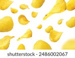 Potato chips flying on white background. Vector realistic illustration of fast food snacks falling down, splash of crispy fried or baked vegetable meal, spicy appetizer pattern, salty oval slices